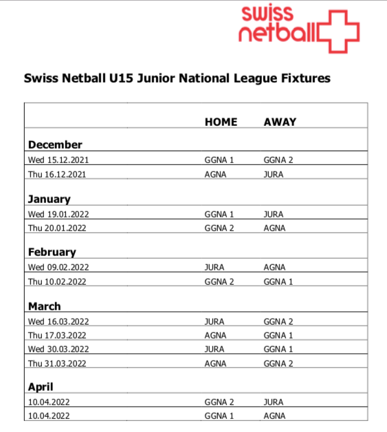 Swiss Junior Legue fixtures